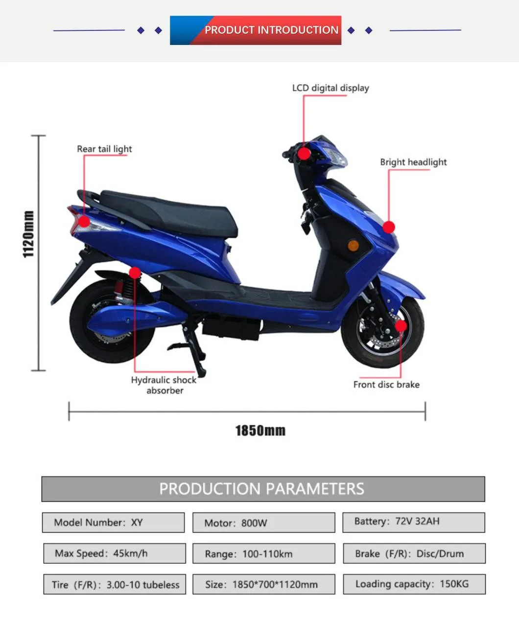 Manufacturer 800W Leadacid Battery/Lithium Battery Electric Scooter Motorcycle From China Factory